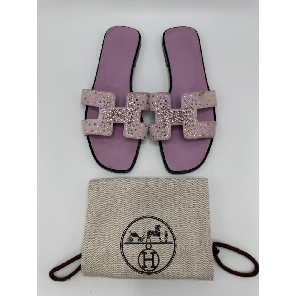 Hermes Oran Crystal Suede Slide Sandals Pink Lilac Womens EU 38 US 8 No Box